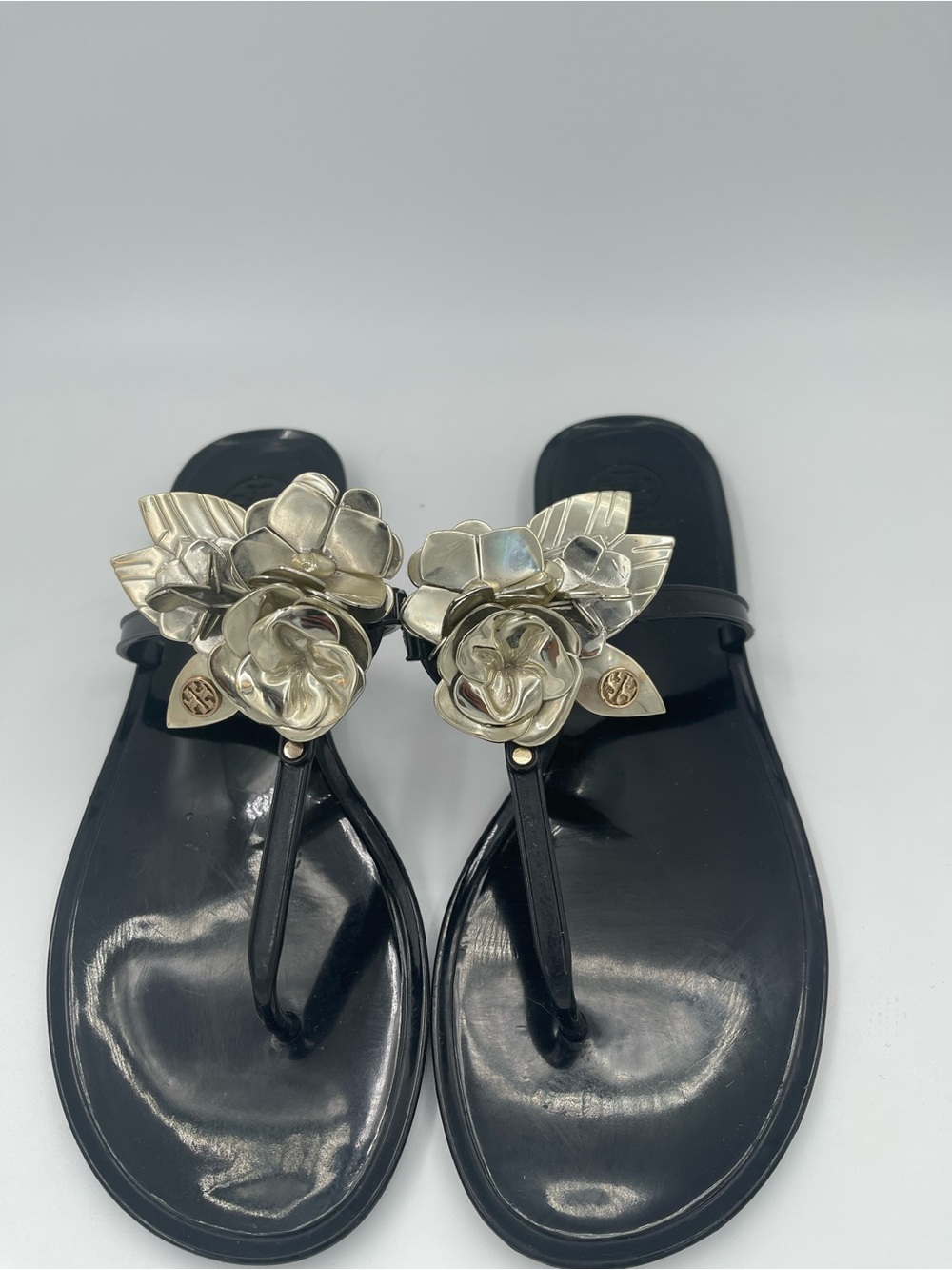 Tory Burch Black Sandal with Gold Floral Ornament